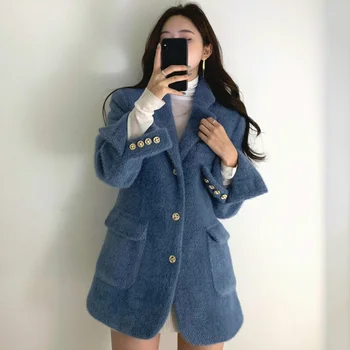 2022 Yeni Çift Cepler Sıcak Palto Kadınlar Kore Şık Çentikli Yaka Düz Ceketler Sonbahar Kış Vintage Tek Göğüslü Tops
