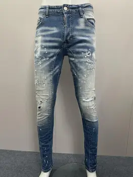2023 İlkbahar / Yaz Yeni Kot Moda erkek Yıkanmış ve Yıpranmış Delik Yamalar Boya 3D Kesme Düz Mavi kot pantolon Erkekler