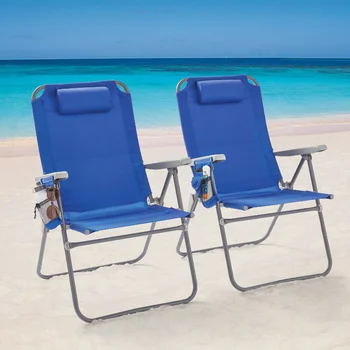 2'li Paket Dayanakları Uzanmış 4 Konumlu Büyük Boy Plaj Sandalyesi, Mavi