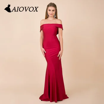 AIOVOX Off-omuz Örgün Balo Elbise Basit Saten Mermaid Kat-uzunluk Draped gece elbisesi Vestido De Noche Kadınlar için