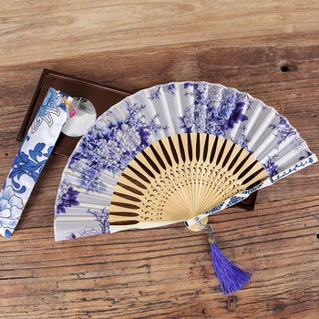 Bambu Mavi Ve Beyaz Porselen El Fan Çin Vintage Tarzı yelpaze Dans Hanfu Cosplay Parti Ev Dekorasyon El Sanatları