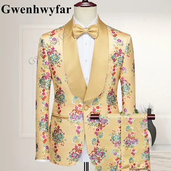 Gwenhwyfar 3 Adet Ceket Şampanya Renkli Çiçek Kumaş erkek Tek Göğüslü Blazer Düzenli Fit Balo Smokin Resmi Günlük Homme