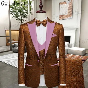 Gwenhwyfar Yeni Pembe Kostüm slim fit uzun kollu erkek gömlek Takım Elbise Damat Moda Smokin Resmi Düğün Takım Elbise Ceket Pantolon Yelek 3 Adet Blazer