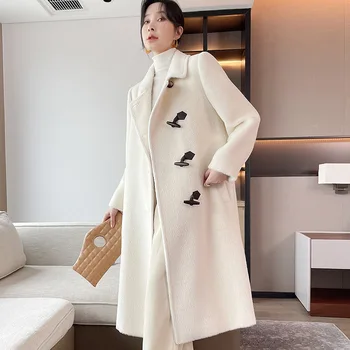 High-end Kış Beyaz alpaka yünü Ceket Kadınlar 2022 Yeni Uzun 100 % alpaka yünü Düz Silindir Zarif Astar Kalınlaşmış sıcak tutan kaban