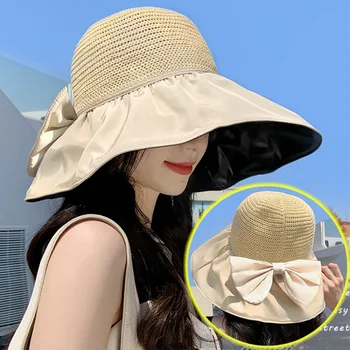 Ilkbahar Yaz Şapka Kadınlar İçin Büyük Geniş Ağızlı Kadın Kova Şapka Düz Renk Katlanabilir UV Koruma Açık Plaj Panama Kap güneş şapkaları
