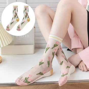 Ince Lale Peri Çorap Şeffaf Elastik Kristal Cam İpek Çorap Y2k Nefes Örgü Çorap Rahat Çiçekler Nakış Çorap