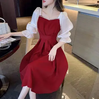 Kadın Elbise Şenlikli Tatlı Fransız Kırmızı Elbise Kadın Beş çeyrek Kollu Elbise 2023 Yeni Bel Zayıflama MİDİ bir çizgi elbise WR003