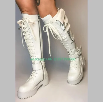 Lady punk beyaz cep tasarım diz çizmeler dantel-up zip çizmeler Gotik tarzı vintage çizmeler günlük düşük topuk ayakkabı nedensel çizmeler boyutu