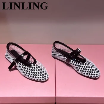 Marka Tasarımcısı Kristal düz ayakkabı Mesh Hollow Out Gladyatör Bale rahat ayakkabılar Toka Kayış Kadın hakiki deri ayakkabı 2023