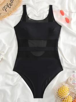 Mayo 2023 Tek Parça Mayo Kadınlar Katı Siyah Şeffaf Karın Kontrol Monokini Seksi Backless Bodysuit Kadın Plaj Kıyafeti