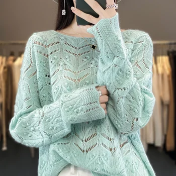 Sonbahar / Kış Yeni kadın Kazak Casual Triko %100 % Yün Kazak Yuvarlak Boyun Bayan Giyim Gevşek Üstleri Oymak Bluz