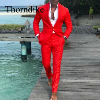Thorndike Erkek Takım Elbise Seti Kırmızı İş Blazers Düğün Damat 2 Adet Slim Fit Takım Elbise Ceket ve Pantolon Erkek Smokin Kostüm Homme