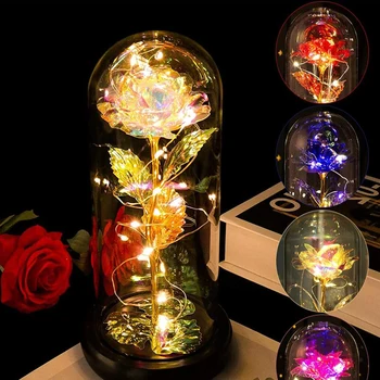 Yapay Ebedi Gül led ışık gece lambası güzellik cam altın Folyo Çiçek sevgililer Günü Hediyesi büyülü Gül peri ışıkları