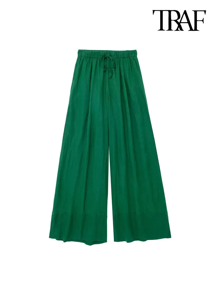 TRAF Kadın Moda Ön Cepler Keten Geniş Bacak Pantolon Vintage Yüksek Elastik Bel İpli Kadın Pantolon Mujer