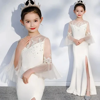 Şampanya Zarif Yeni Uzun İnce Gençler Sahne Podyum Elbiseler Yarık Doğum Günü Düğün Parti gece elbisesi Mermaid Elbise Kızlar İçin 14Y