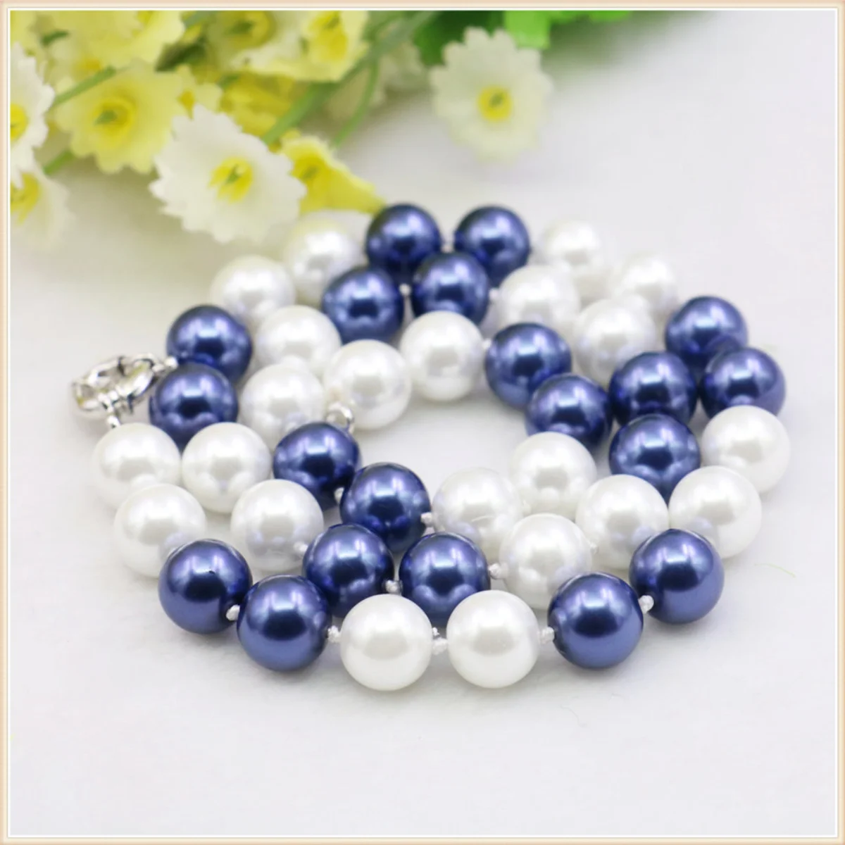 10mm Yuvarlak Beyaz Mavi Renkli Kabuk İnci Kolye moda takı Yapımı Tasarım Anneler Hediyeler DIY Düğümlü Arasında Her Boncuk