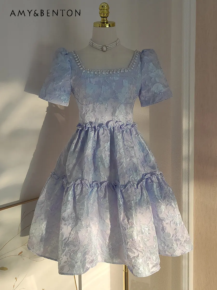 Fransız Tarzı Retro Azınlık Kabartmalı Jakarlı Pilili Elbise Boncuk Rhinestones Kare Yaka Cinched Pettiskirt yaz elbisesi
